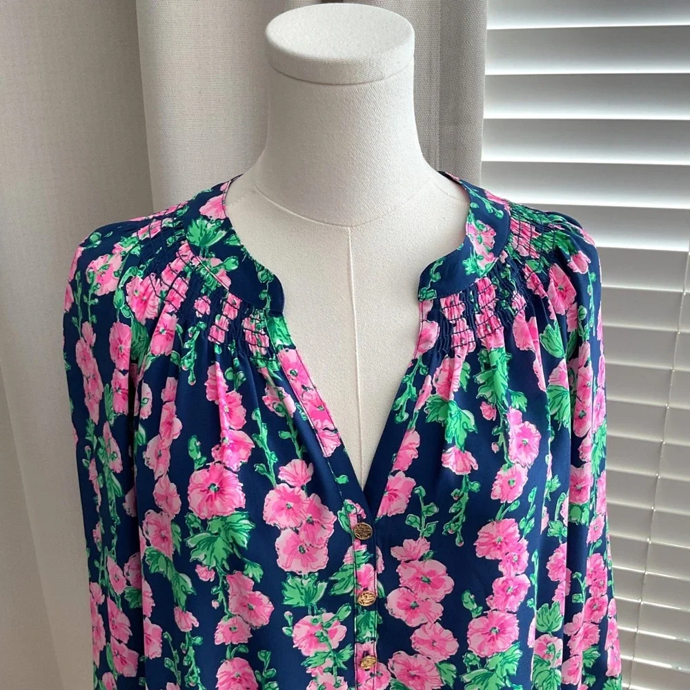 Lilly Pulitzer Women's Elsa Top 100% Silk Blouse Oyster Bay Navy Devine XL